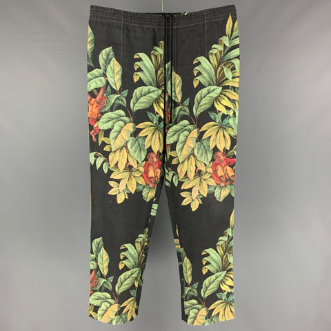 BODE Size 34 Grey Green Leaf Print Cotton Drawstring Casual Pants