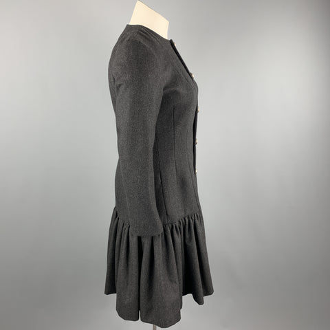 RALPH LAUREN 10 Charcoal Merino Wool Blend Collarless Drop Waist Ruffle Coat