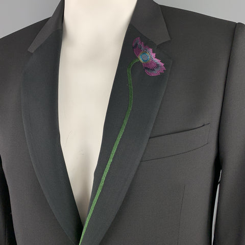 PAUL SMITH Size 42 Black Wool Blend Flower Embroidered Lapel Blazer