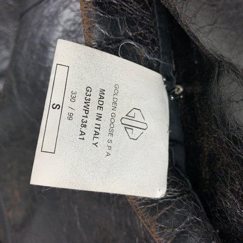 GOLDEN GOOSE Size S Dark Brown Crackled Leather Shearling Hooded Oversized Coat