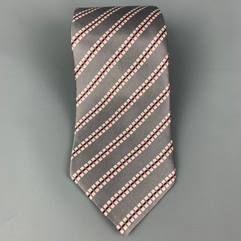 STEFANO RICCI Grey White Pink Squares Silk Satin Tie