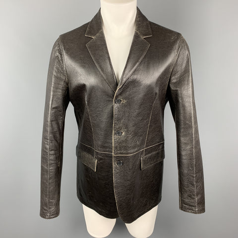 NEIL BARRETT Size M Brown Distressed Leather Notch Lapel Blazer