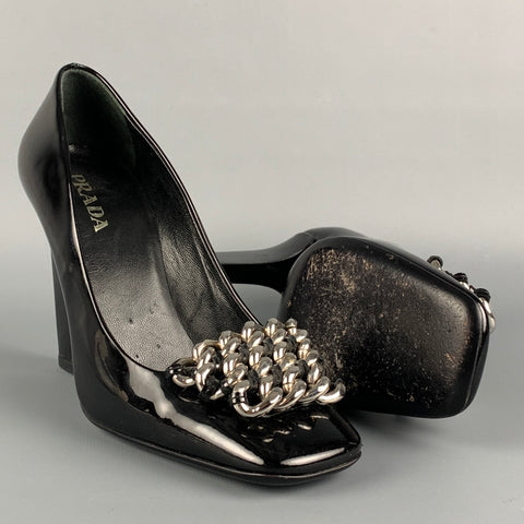 PRADA Size 7 Black Leather Chain Patent Leather Square Toe Pumps
