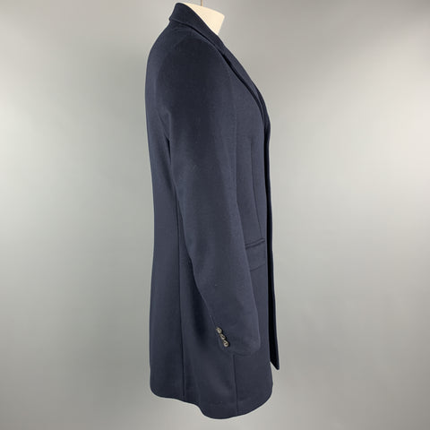 BENETTON Size L Navy Wool Blend Notch Lapel  Long Coat