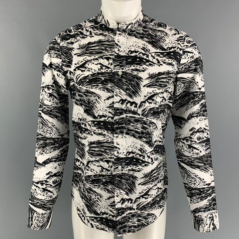 KENZO Size S Black White Print Cotton Nehru Collar Long Sleeve Shirt