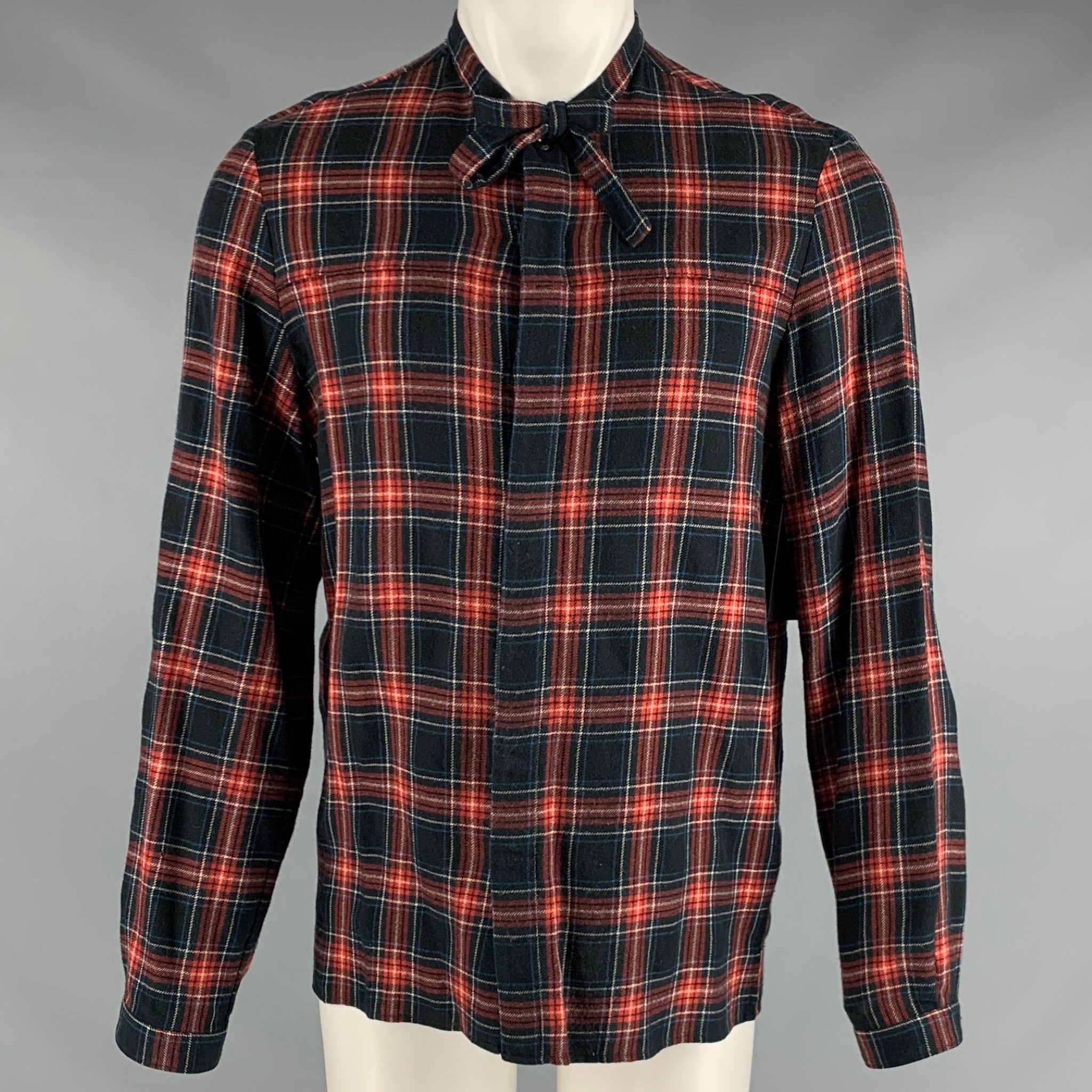 GUCCI Size M Black Red Blue Plaid Cotton Bow Long Sleeve Shirt