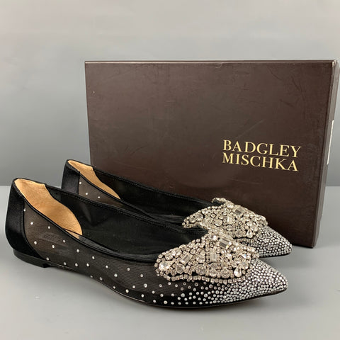 BADGLEY MISCHKA Size 10 Black Satin Beaded Slip On Flats