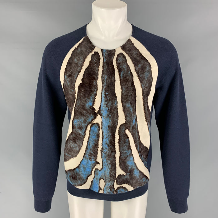 LOUIS VUITTON Spring 2017 by Kim Jones M Navy Brown Animal Print Calf Hair Cotton Collarless Pullover