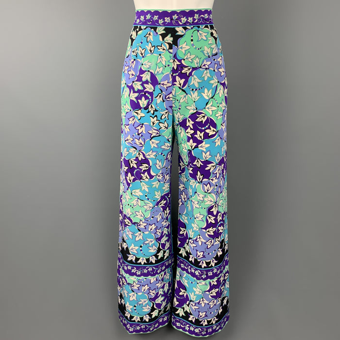 EMILIO PUCCI Vintage Size 12 Blue Floral Silk Wide Leg Pants