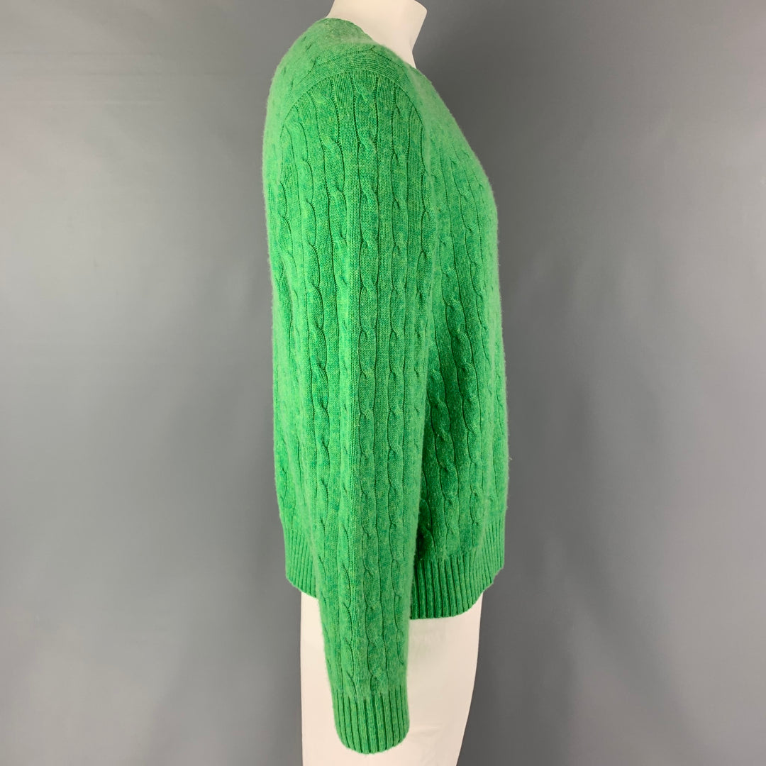 RALPH LAUREN Size XXL Green Cable Knit Cashmere Crew-Neck Sweater