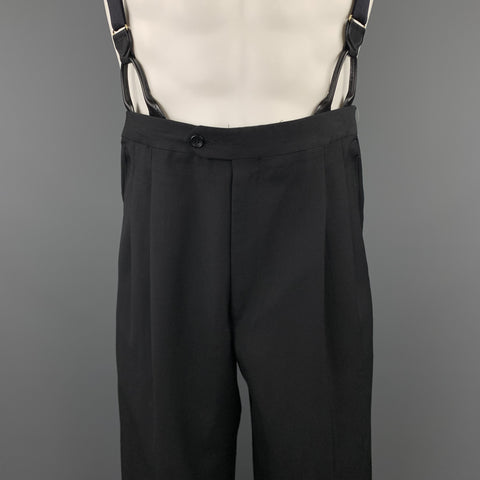 Vintage Size 33 Black Wool Pleated Tuxedo Stripe Braces Trousers