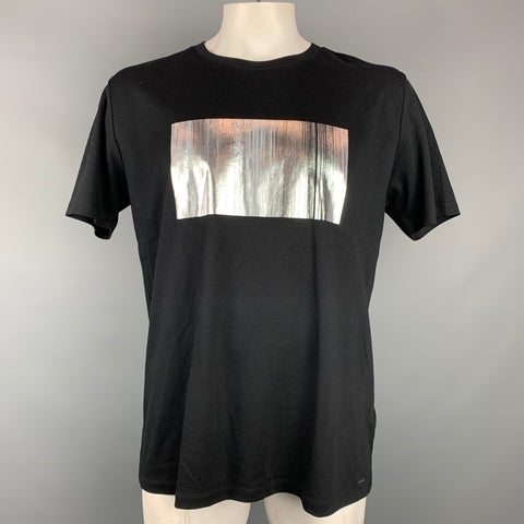 HUGO BOSS Size XL Black & Silver Graphic Cotton Crew-Neck T-shirt