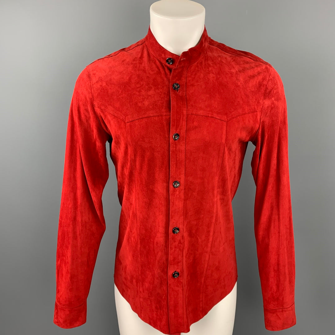JIL SANDER Size XS Red Suede Nehru Collar Long Sleeve Shirt