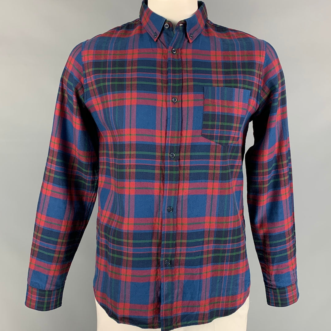 A.P.C. Size L Blue & Red Plaid Cotton / Linen Button Down Long Sleeve Shirt