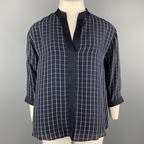 GIORGIO ARMANI Size 12 Navy Windowpane Cropped Sleeve Blouse