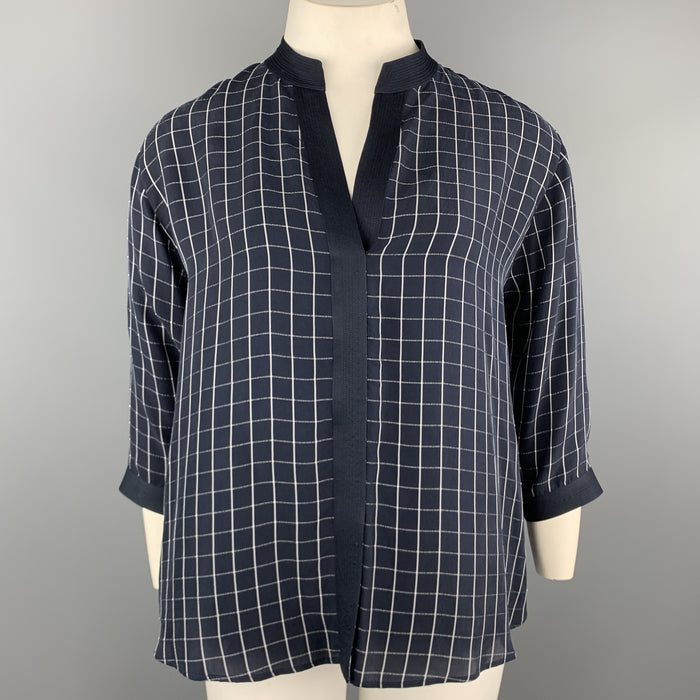 GIORGIO ARMANI Size 12 Navy Windowpane Cropped Sleeve Blouse