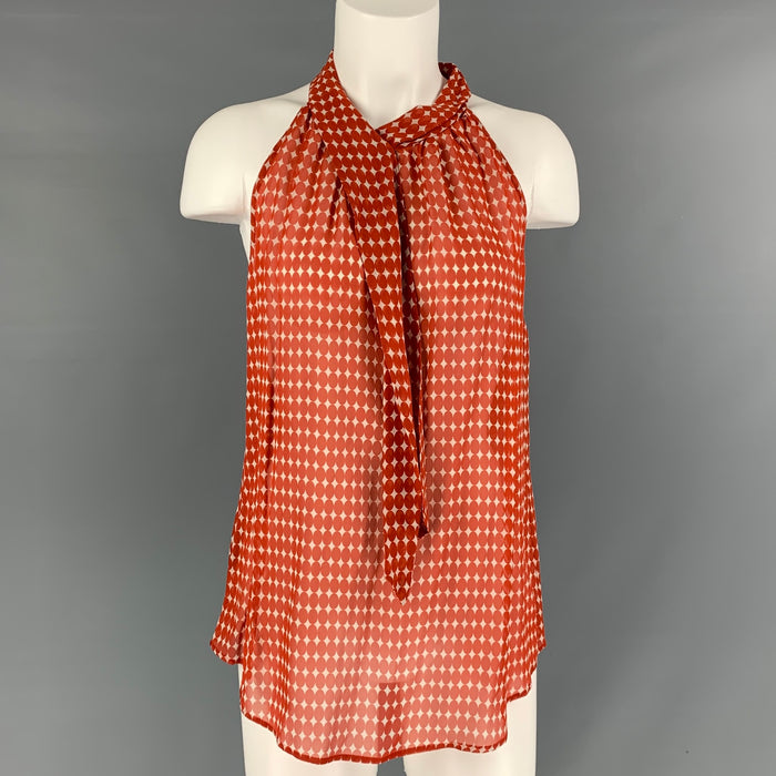 SALVATORE FERRAGAMO Size 8 Brick & White Silk Dots Sleeveless Blouse
