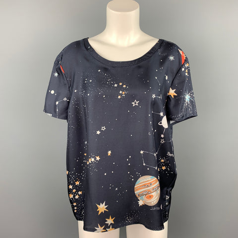 VALENTINO Spa Size L Navy Cosmo Print Silk Blouse