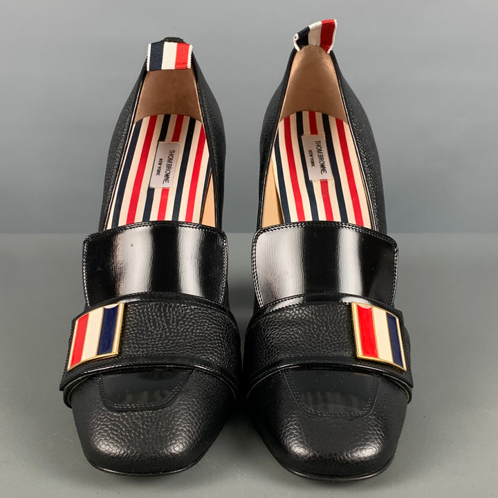 THOM BROWNE Size 8 Black Red & White Leather Mixed Materials Pebble Grain Pumps
