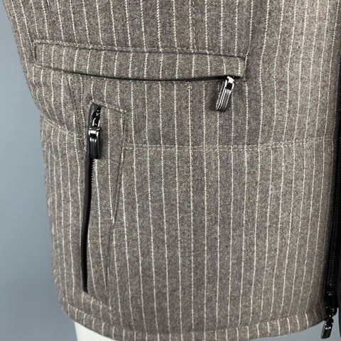 ERMENEGILDO ZEGNA L Taupe Pinstripe Leather Trimmed Reversible Vest