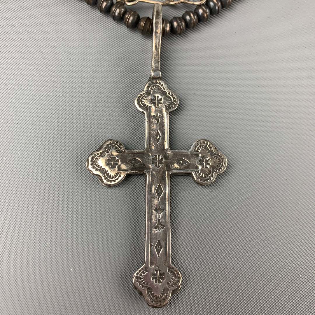 VINTAGE Silver & Black Beaded Large Cross Necklace
