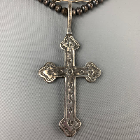 VINTAGE Argent &amp;Noir Perlé Grand Collier Croix