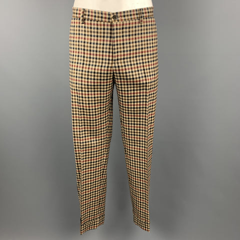 ETRO Size 48 Khaki & Brown Checkered Plaid Lana Wool Notch Lapel Suit
