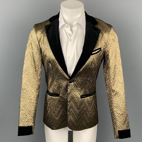 MR TURK Size 36 Gold & Black Brocade Polyester Notch Lapel Sport Coat