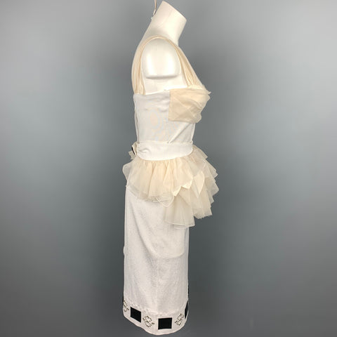 LOUIS VUITTON Size 6 White & Beige Ruched Bust Ruffled Belt Cocktail Dress