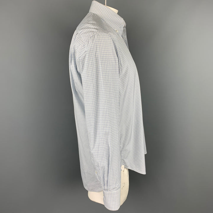 LORO PIANA Size L White & Blue Window Pane Cotton Button Down Long Sleeve Shirt