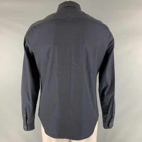 VALENTINO Size L Navy Black Solid Cotton Hidden Placket Long Sleeve Shirt