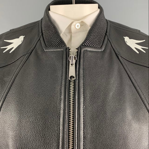 TIM COPPENS Size XL Black Graphic Leather Zip Up Jacket