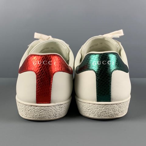 GUCCI Size 12 White Applique Leather Lace Up Ace Sneakers