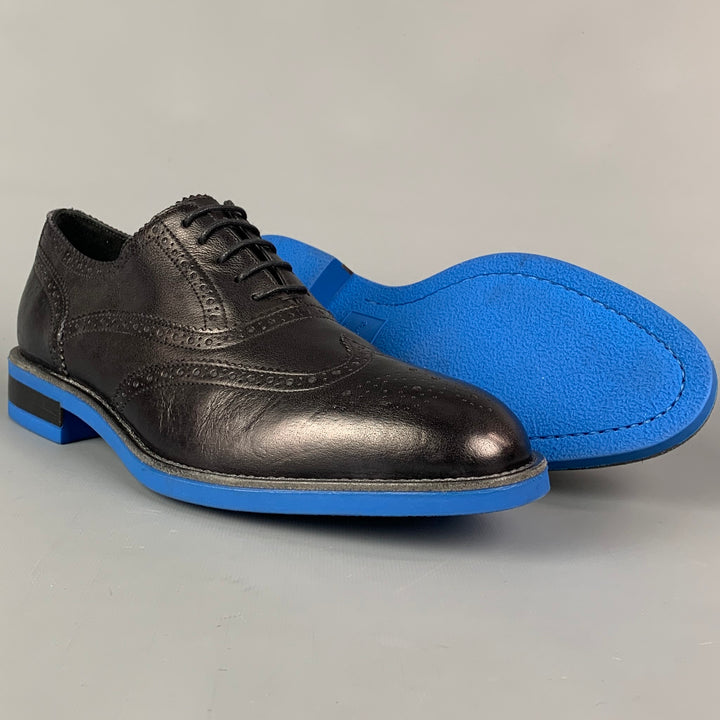 PAUL SMITH Size 10 Black Royal Blue Perforated Leather Wingtip Lace Up Shoes