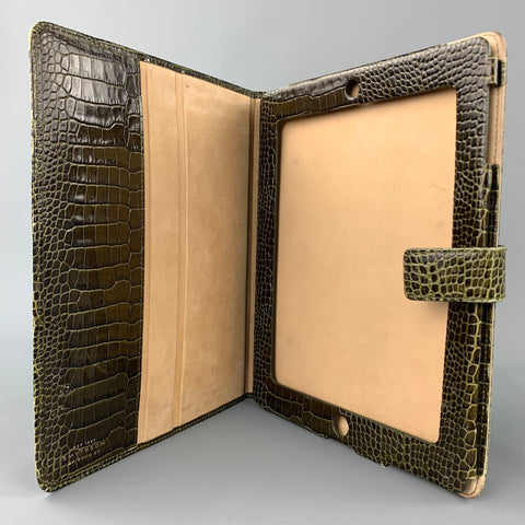 SMYTHSON DE BOND ST. Funda para iPad de cuero repujado verde oliva