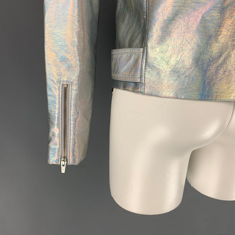 VEDA Taille M Veste de motard en polyuréthane irisé argenté