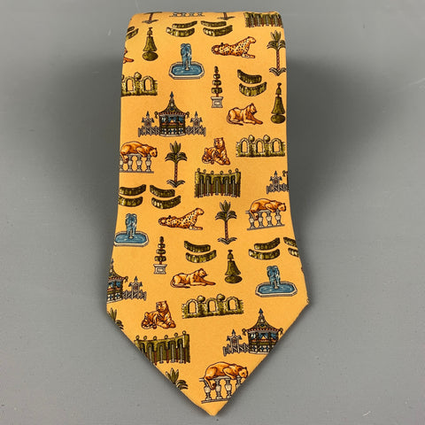 SALVATORE FERRAGAMO Yellow Multicolour Tapestry Silk Tie