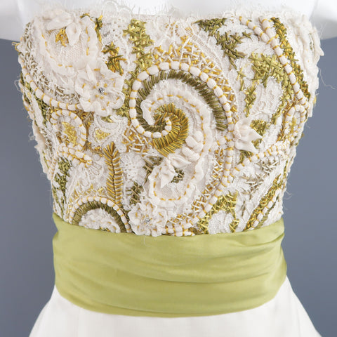 MONIQUE LHUILLIER Size 10 Cream Gold Green Lace Bodice Bolero Gown