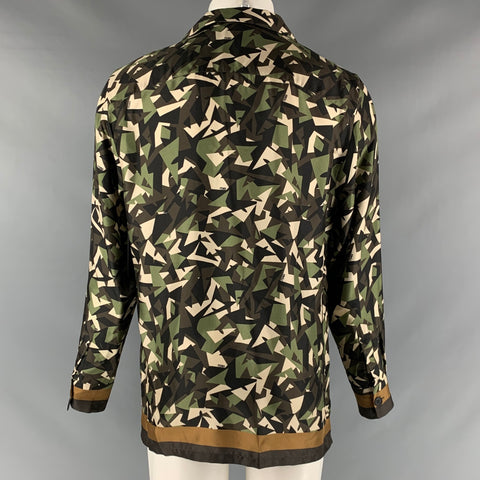 FENDI Size M Green Brown Abstract Silk Button Up Long Sleeve Shirt