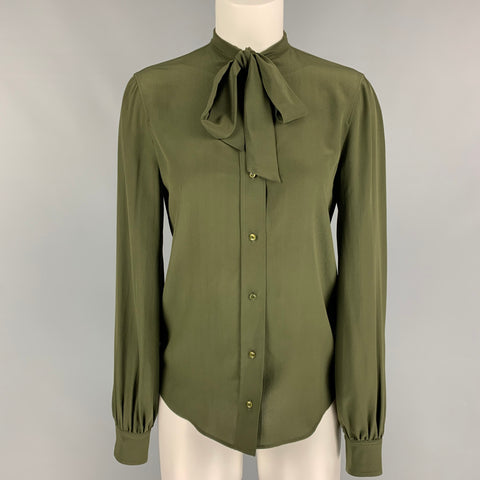 SAINT LAURENT Talla 4 Blusa con lazo de seda verde oscuro