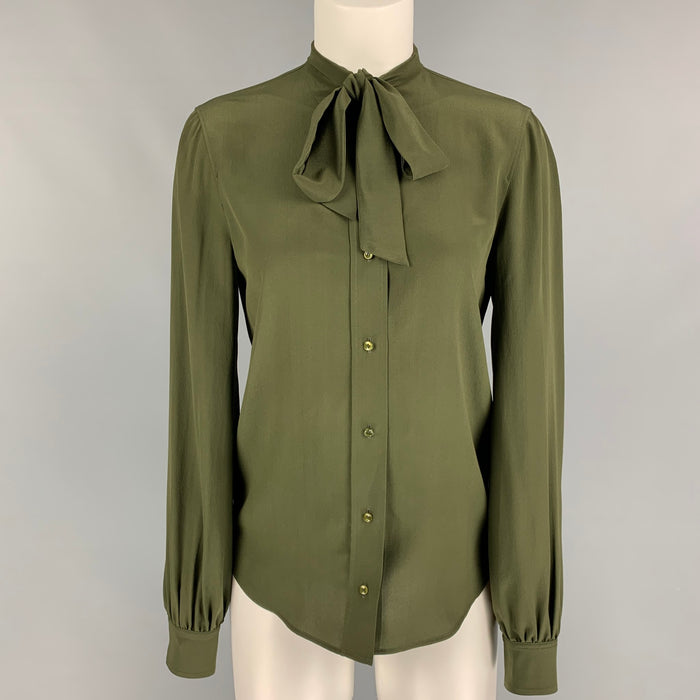 SAINT LAURENT Size 4 Dark Green Silk Bow Blouse