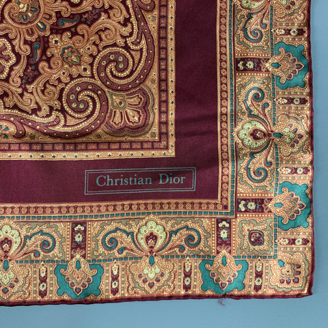 CHRISTIAN DIOR Burgundy Gold Paisley Pocket Square