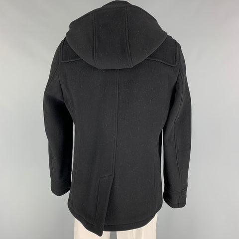 THE KOOPLES Size L Black Wool Leather Trim Toggle Closure Coat