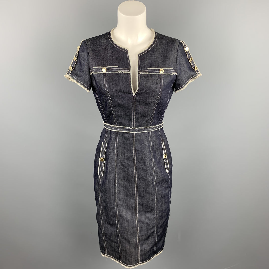 CAROLINA HERRERA Size 4 Blue Cotton / Linen Contrast Stitch Sheath Dress