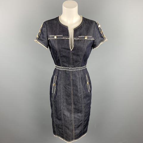 CAROLINA HERRERA Size 4 Blue Cotton / Linen Contrast Stitch Sheath Dress
