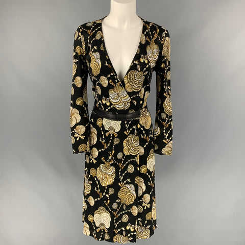 GUCCI Resort 2009 de Frida Giannini Talla 6 Vestido cruzado de viscosa a media pierna con conchas marinas en negro y marrón