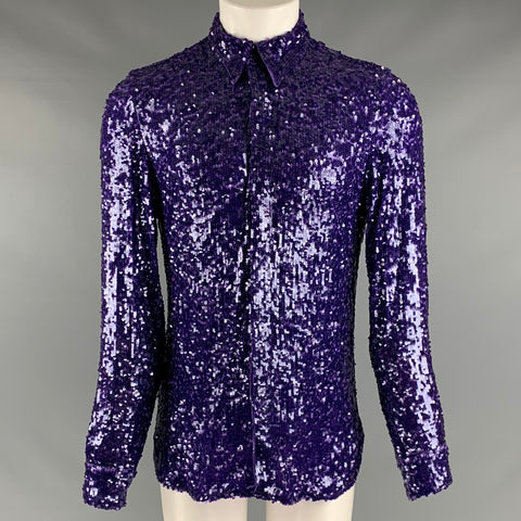 DRIES VAN NOTEN Size S Purple Sequined Viscose Hidden Placket Long Sleeve Shirt