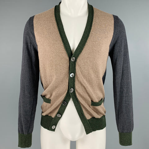 GOLDEN GOOSE Taille M Marron Gris Color Block Laine Mérinos Coton Cardigan Col V