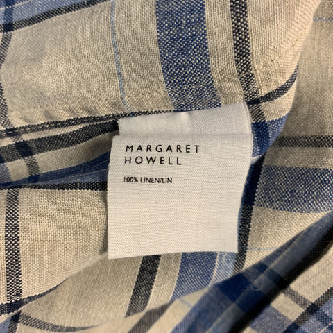 MARGARET HOWELL Size XL Grey & Blue Plaid Linen Button Up Long Sleeve Shirt