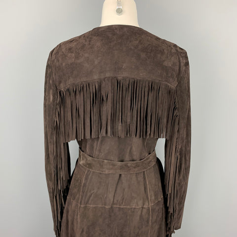 VINTAGE Size M Brown Suede Fringe Belted Open Front Coat